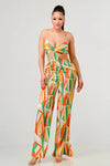 Print satin bra top and palazzo jumpsuit